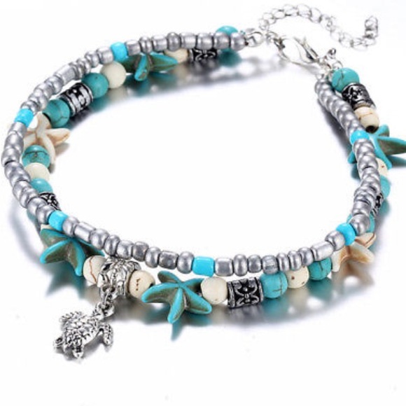 🏖 SILVER SEA TURTLE STARFISH BEAD ANKLET BRACELET - Picture 4 of 6
